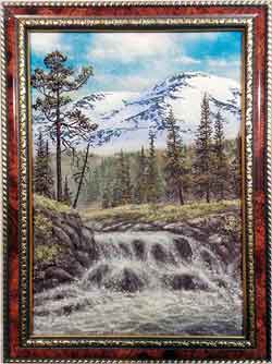 Весенний ручей в горах. Весенний пейзаж с ручьем на фоне гор. Картина из каменной крошки художник Кувшинов В.Н.